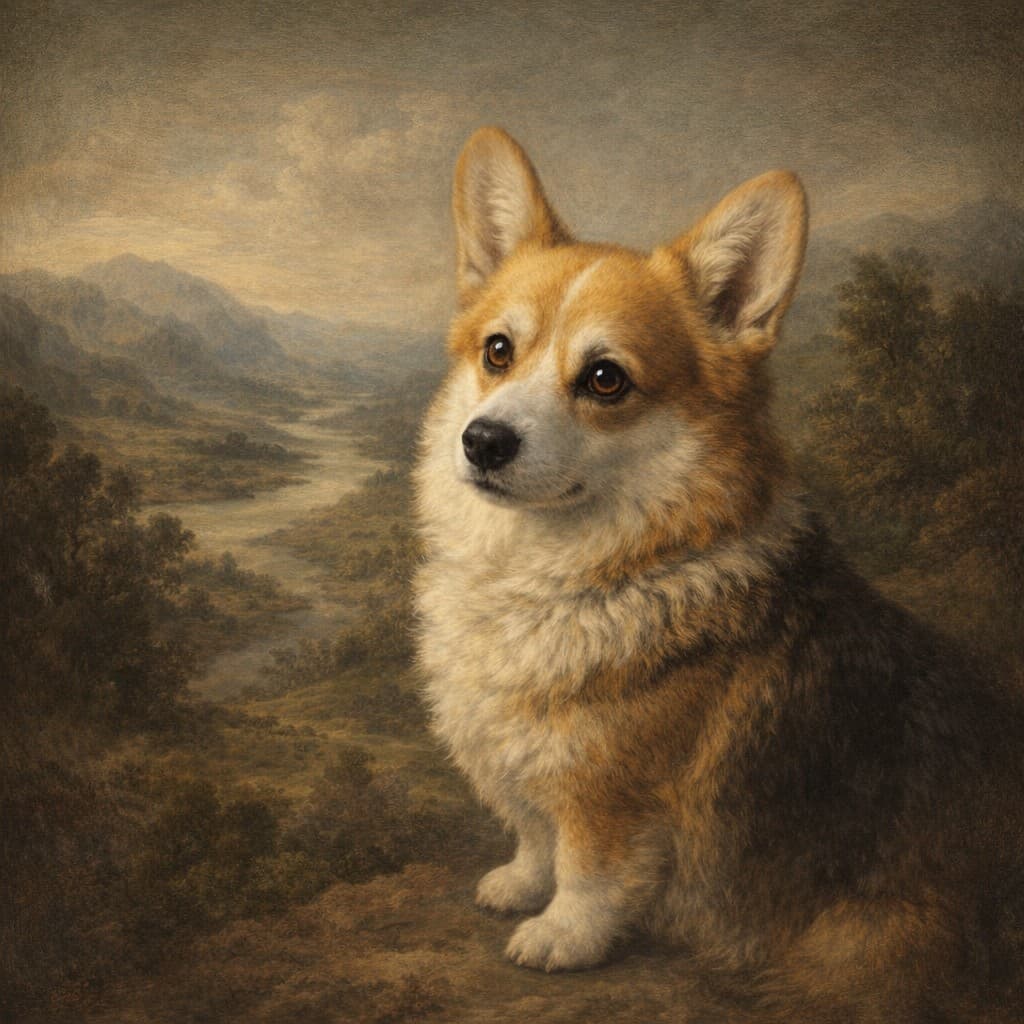 The Corgi painted in the Old Master style by the Royal Hound engine