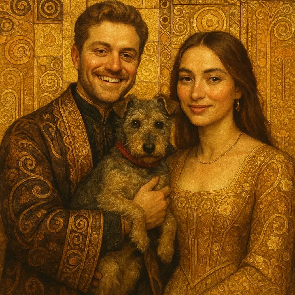 A young couple holding their terrier painted together in the Klimt Gold style