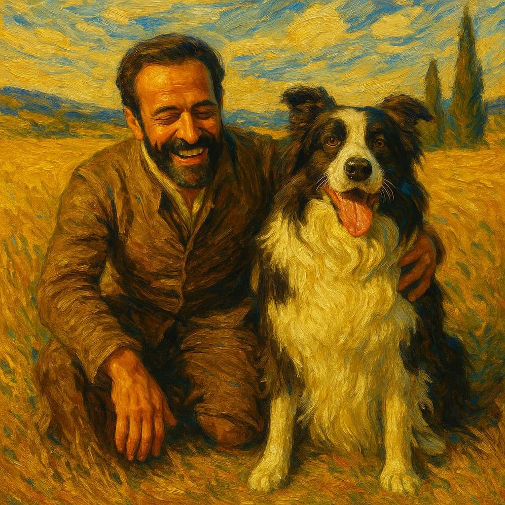 A man kneeling beside his border collie painted together in the Van Gogh Wheatfield style