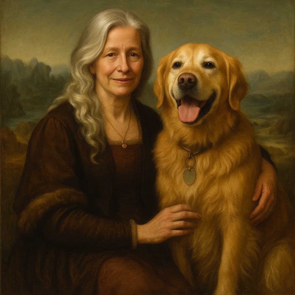 A silver-haired woman and her golden retriever painted together in the Da Vinci Renaissance style