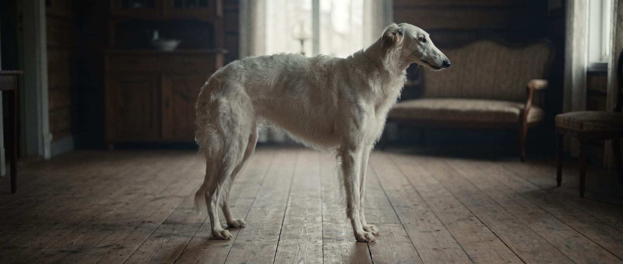 A borzoi standing in profile in a quiet timbered room