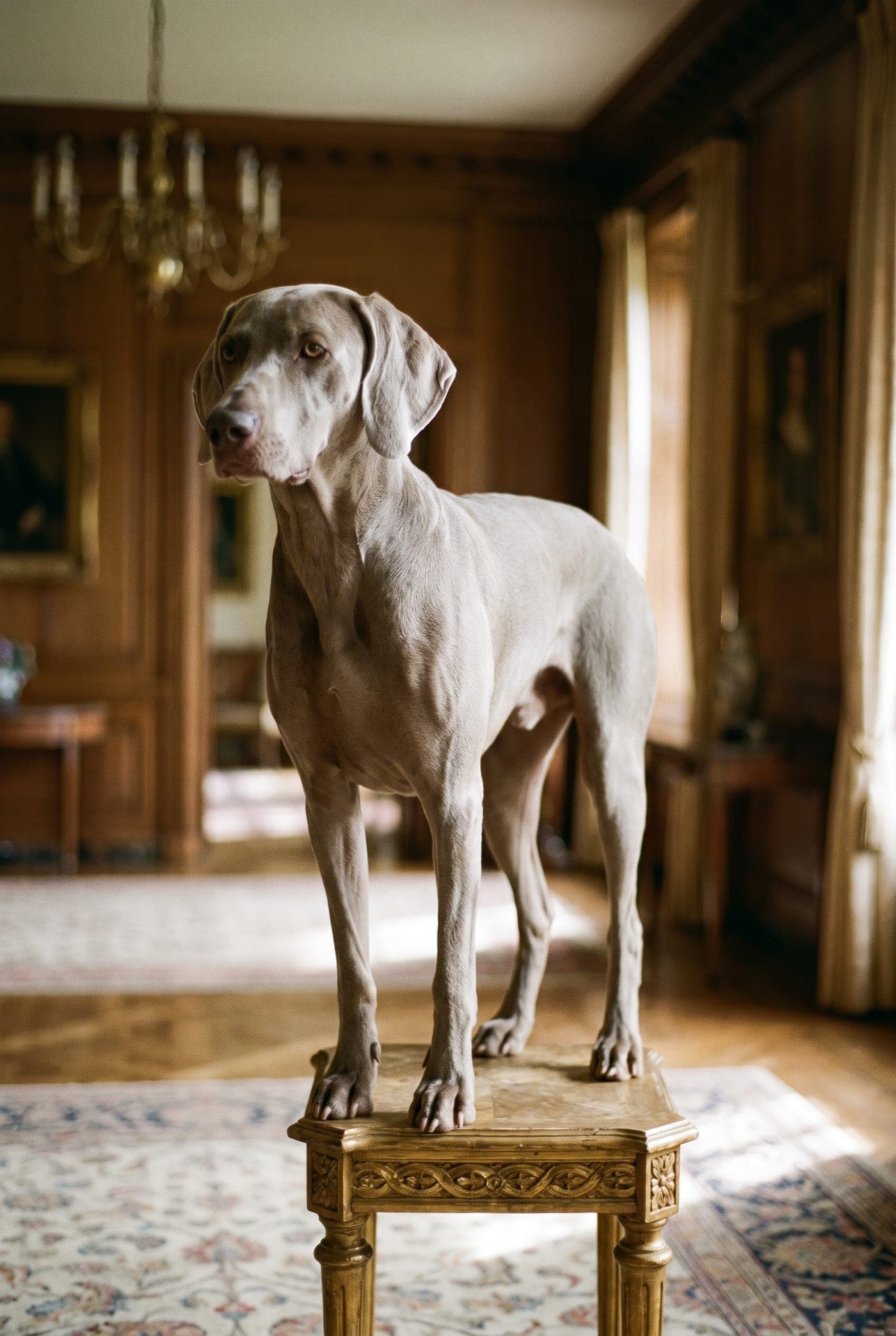 A weimaraner standing on a gilded table in a wood-panelled manor room