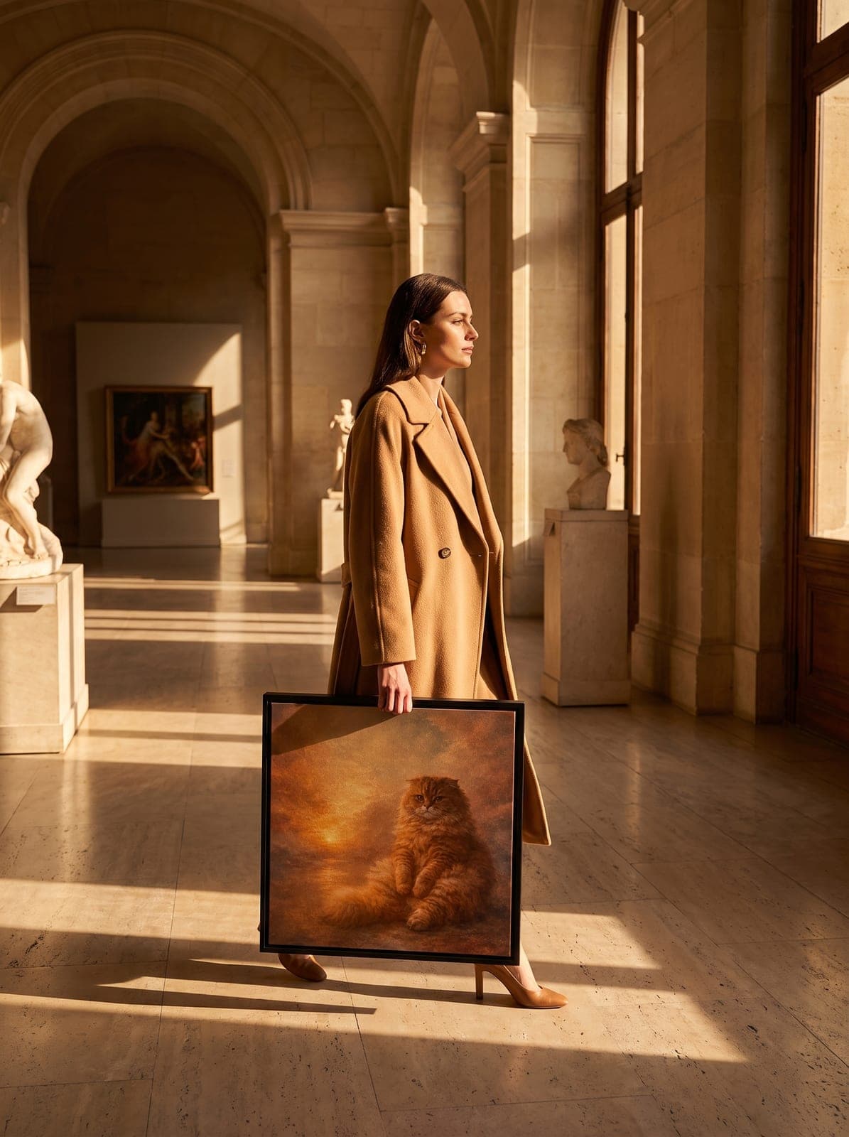 A woman in a camel coat carrying the framed cat canvas print past classical statuary in a sunlit gallery corridor