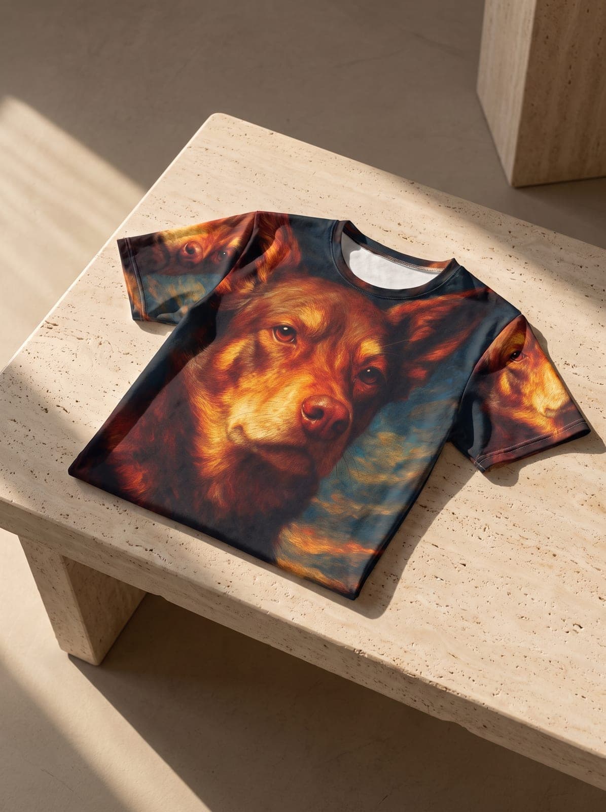 The all-over dog-portrait tee laid flat on a bench in raking window light