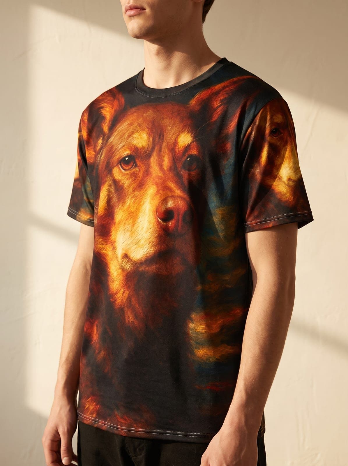 A man wearing the all-over tee printed with a dog portrait in warm fire tones