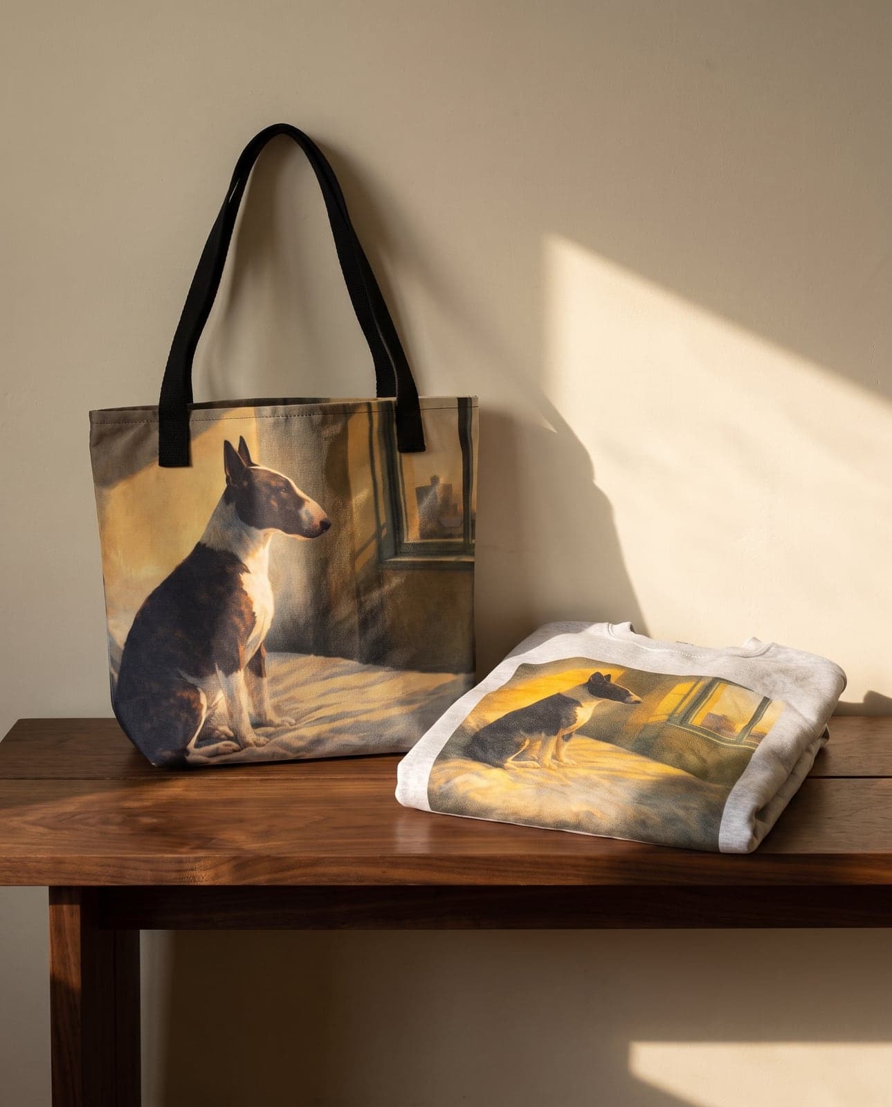 The Square Tote and the folded Classic Crewneck together on a walnut bench in window light