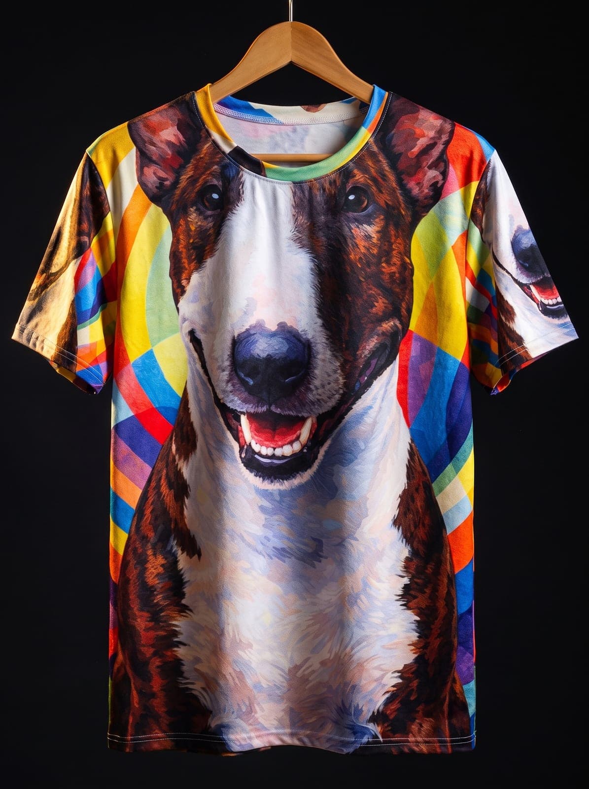The pop-art bull terrier tee on a wooden hanger against a black ground
