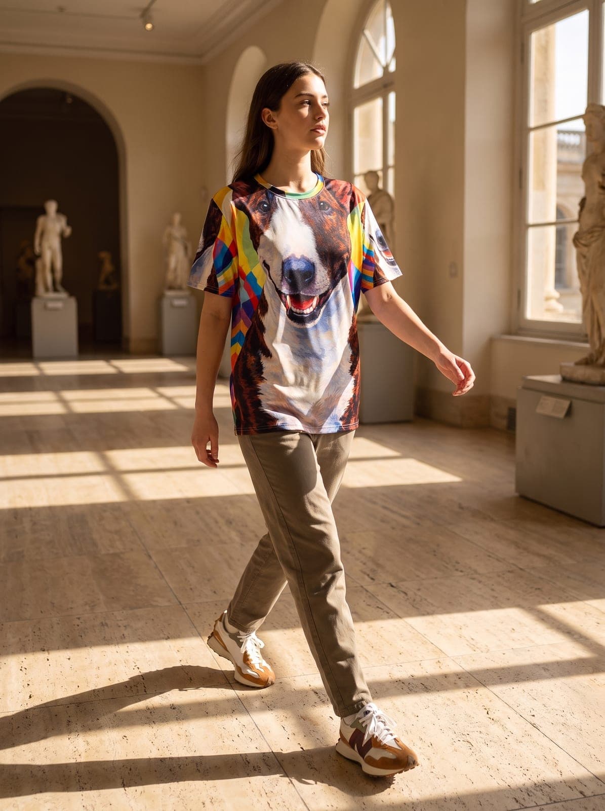 A woman walking through a museum gallery wearing the pop-art bull terrier tee