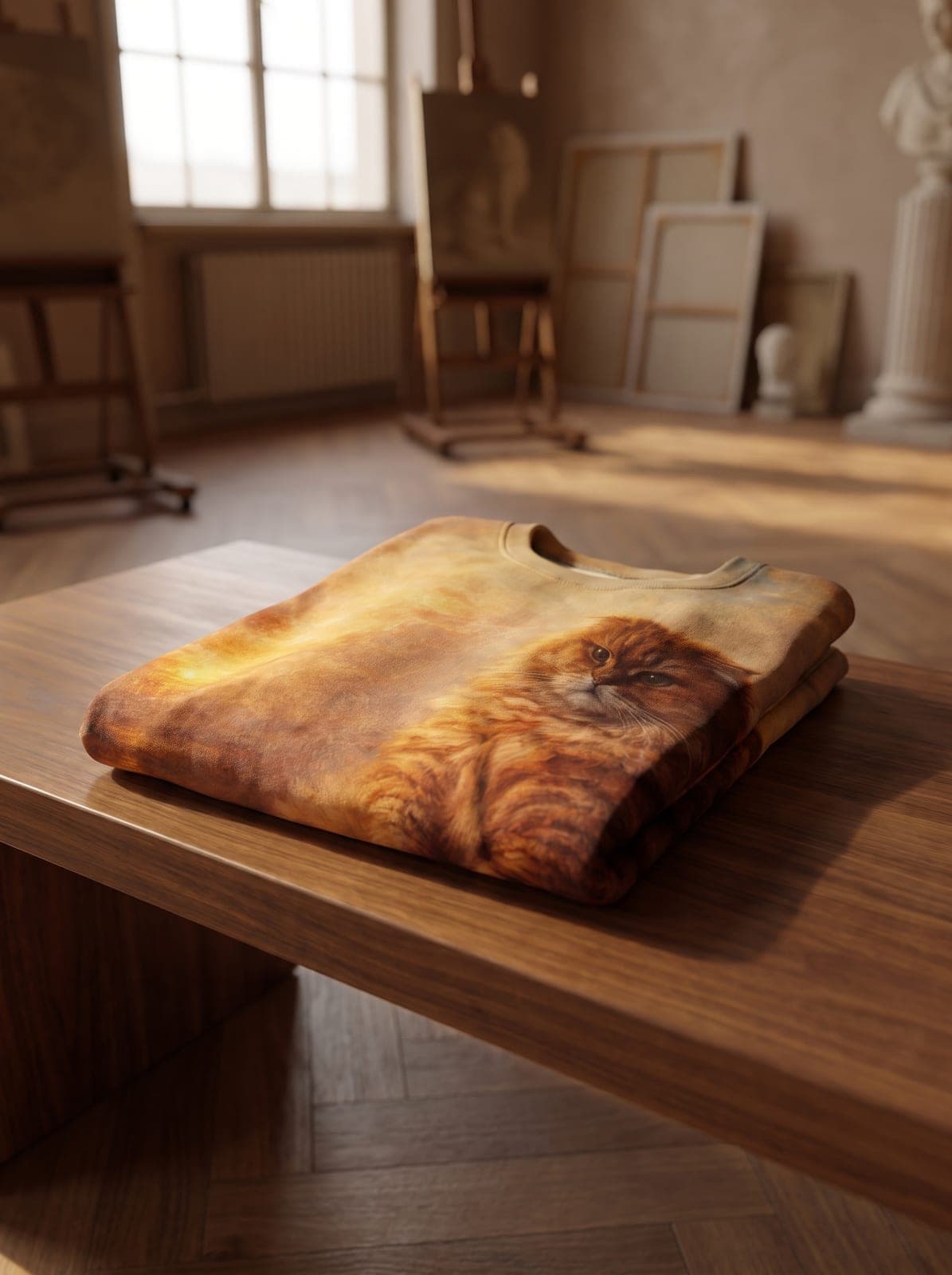 The all-over cat-print crewneck folded on a wooden table inside a sunlit painter’s studio