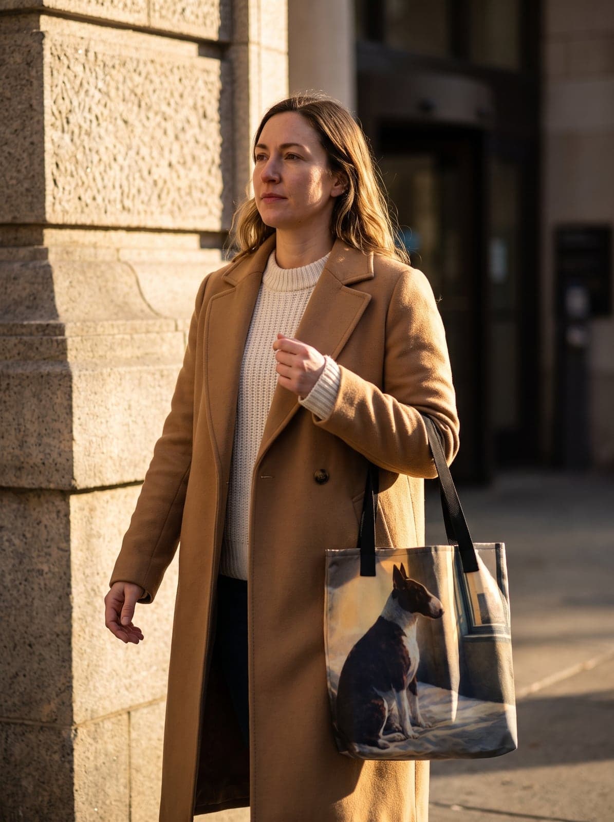 A woman in a camel coat carrying the Square Tote past a museum facade in low sun
